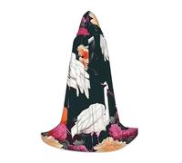 Mini Halloween Hooded Cape Poncho Two Cranes Chrysanthemum Print Cosplay Cloak Vibrant Patterns for Parties