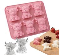 Mini Highland Cow Ice Cube Mold, 6-Cavity Cute 3D Highland Cow Silicone Animal Ice Cube Tray for Whiskey & Cocktails, Chocolate, Candy, Jelly, Homemade Treats (Pink)