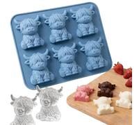 Mini Highland Cow Ice Cube Mold, 6-Cavity Cute 3D Highland Cow Silicone Animal Ice Cube Tray for Whiskey & Cocktails, Chocolate, Candy, Jelly, Homemade Treats (Blue)