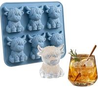 Mini Highland Cow Ice Cube Mold, Cute 3D Highland Cow Silicone Ice Cube Tray, 6 Cavity Funny Animal ICES Cubes Trays, Silicone Animal Ice Cube Tray for Chocolate, Candy, Jelly, Homemade Treats (1PC)