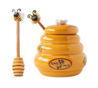 Mini Honey Jars - Honey Dispenser, Large Mouth Ceramic Jar Without Dripping | Container with Ladle for Syrup, Jam, Sauce, Flat, Counter Pantry