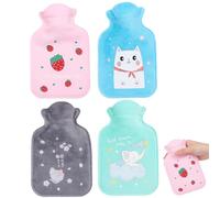 Mini Hot Water Bottle, 4 Pack Small Hot Water Bottles with Covers, Cute Animal Designs for Comfort, Pink Strawberry, Gray Cat, Blue Owl, Green Elephant