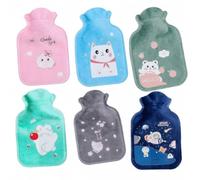 Mini Hot Water Bottle, 6 Covered Bottles, 17 X 11 CM | Six compact covered bottles in pink, blue, green, grey and navy designs, each stated as 17 x 11 cm