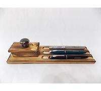 Mini Ink blotter & Triple Pen Stand Handcrafted Wood & Ceramic Desk top Ink Stand Fountain Pen dip Blotting Paper Holder Inkwellinserts