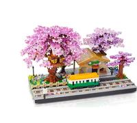 Mini Japanese Cherry Blossom Train Station Building Blocks Set, The Train at Japanese Station Cherry Blossom Set Building Model Kit, Home Decor Accessories