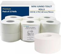 Mini Jumbo Toilet Rolls Pack of 12, 2 Ply White Commercial Toilet Paper 150m Long Rolls 76mm Core Premium Toilet Tissue for Offices Schools Restaurants & Washrooms (76mm Core)