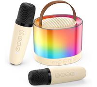 Mini Karaoke Machine for Adults Kids, Portable Bluetooth Karaoke Speaker with 3.5" Full-Range Speaker and Colorful LED Lights, Support USB/TF Card/AUX (Beige-2Mic)
