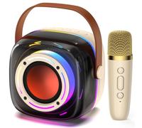 Mini Karaoke Machine for Kids Adults, Portable Bluetooth Karaoke Speaker with 2 Wireless Mircophones and Colorful LED Lights, Ideal Gifts for Girls Boys (Cool Beige)