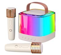 Mini Karaoke Machine with 2 Wireless Microphones, Portable Bluetooth Speaker with Voice Changer & RGB Lights, Birthday for Girls Boys 4-12 Home Party (Beige)