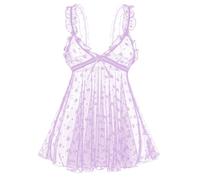 mini kitty Sexy Lingerie Set Teddy Babydoll Nightdress Floral See Through Deep V Neck Fairy Chemise Strappy Nightwear with Cutout Thong 2 Pieces for Valentine's Day Honeymoon (Style 3, Purple)