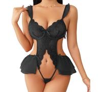 mini kitty Teddy Babydoll Bodysuit Sexy Lingerie See Through Embroidery Floral Lace Nightwear Deep V Neck Sheer Mesh Cutout Chemise Nightdress Sleepwear for Romantic Night Honeymoon (Style 7, Black)