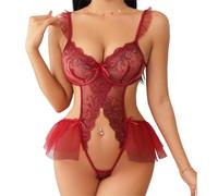 mini kitty Teddy Babydoll Bodysuit Sexy Lingerie See Through Embroidery Floral Lace Nightwear Deep V Neck Sheer Mesh Cutout Chemise Nightdress Sleepwear for Romantic Night Honeymoon (Style 7, Red)