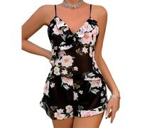 mini kitty Women’s Pajamas Set Sexy Lingerie Floral Print Cami Top and Shorts Deep V Neck Backless Soft Nightwear 2 Pieces Loungewear Sleepwear Pants (Black, S)