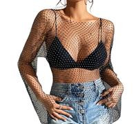 mini kitty Women's Sexy Glitter Tank Tops See Through Crop Top Fishnet Mesh Shiny Rhinestone Sleeveless Blouse Tops Diamond Hollow Out Party Clubwear (UK, Alpha, One Size, Regular, Regular, Style A)