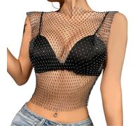 mini kitty Women's Sexy Glitter Tank Tops See Through Crop Top Fishnet Mesh Shiny Rhinestone Sleeveless Blouse Tops Diamond Hollow Out Party Clubwear (UK, Alpha, One Size, Regular, Regular, Style B)