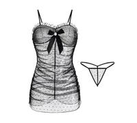 mini kitty Women's Sexy Lingerie Set See Through Mesh Babydoll Nightwear Polka Dots Mini Dresses Blouse Lace Bikini Cover Up Summer Top Dress with G String Black
