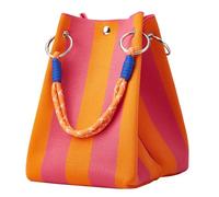 Mini Knit Tote Women Striped Crochet Bucket Handbag Small Purse Shoulder Bag Vacation Lightweight Beach Bag Travel Weekend, Rose&orange, 15x16x22cm (6.3x5.9x8.6in), Contemporary