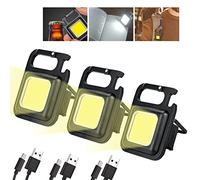 Mini LED Flashlight Torch, COB Rechargeable Keychain Small Flash Light 1000 Lumen, Portable Pocket Light 4 Light Modes Waterproof Keyring Torch for Workshop, Auto, Repairing, Outdoor Emergency, 3 Pack