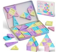 Mini Magnetic Tiles 40 Pcs for Travel - Portable Tin Box with Macaron Colors, Keep Kids Quiet on Car or Aeroplane Journeys, Mess-Free Play for 3-6 Year Old Girls