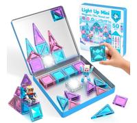 Mini Magnetic Tiles 50Pcs, Glow-in-the-Dark Micro Magnet Travel Toy with 2 Figures, STEM Educational Construction Building Set, Portable Princess Castle Playset for Toddlers Boys Girls Ages 3+