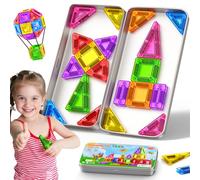 Mini Magnetic Tiles for Kids Travel 42PCS Magnetic Building Blocks with Iron Box, Portable On-The-Go Magnet Travel Toys for 3+ Year Old Boys Girls Toddlers Preschool Learning Christmas Birthday Gifts