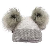 Mini Mart Online Limited Baby Knitted Ribbed Double Pom Pom Fur Hats Cavle Knitted Beanie Nb-12 Months Grey