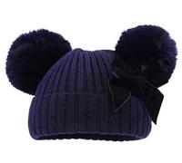 Mini Mart Online Limited Deluxe Ribbed Design Hat with Pom Poms & Bow - Navy/NB - 12 Months