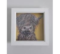 'Mini McMoo' Framed Scottish Highland Cow Art Print by Sam Fenner, Contemporary Animal Wall Art, White RusticWood Frame, 18x18cm Square, Award Winning UK Animal Artist