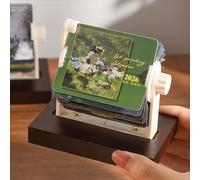 Mini Mechanical Desk Calendar World Famous Paintings 2026 Hand-cranked Cute Creative Solid Wood Base Small Calendar January-December Holiday Painting Art Suitable for Home Office Decoration