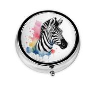 Mini Metal Pill Box 2.0x2.0x0.7 in Round Travel Medicine Pill Organizer Box for Purse Pocket Cute Zebra Watercolor Prints