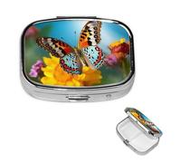Mini Metal Pill Organizer - 2 Compartment Travel Pill Box Lightweight Pocket Pill Case Beautiful Summer Butterfly Weekly Medication Case for Vitamins and Medication