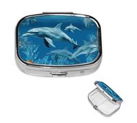 Mini Metal Pill Organizer - 2 Compartment Travel Pill Box Lightweight Pocket Pill Case Dolphins Blue Weekly Medication Case for Vitamins and Medication