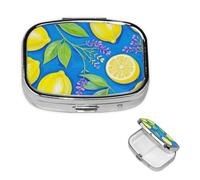Mini Metal Pill Organizer - 2 Compartment Travel Pill Box Lightweight Pocket Pill Case Lemon Blue Yellow Boho Weekly Medication Case for Vitamins and Medication