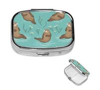 Mini Metal Pill Organizer - 2 Compartment Travel Pill Box Lightweight Pocket Pill Case Otters in Love Weekly Medication Case for Vitamins and Medication