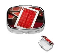 Mini Metal Pill Organizer - 2 Compartment Travel Pill Box Lightweight Pocket Pill Case Red Background Playing Cards Weekly Medication Case for Vitamins and Medication
