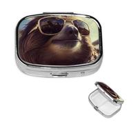 Mini Metal Pill Organizer - 2 Compartment Travel Pill Box Lightweight Pocket Pill Case Sloth with Sunglasses Weekly Medication Case for Vitamins and Medication