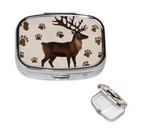 Mini Metal Pill Organizer - 2 Compartment Travel Pill Box Lightweight Pocket Pill Case Vintage Brown Reindeer Animal Footprints Weekly Medication Case for Vitamins and Medication