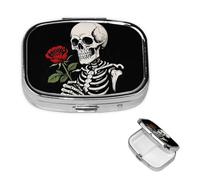 Mini Metal Pill Organizer - 2 Compartment Travel Pill Box Lightweight Pocket Pill Case Vintage Skull Rosary Weekly Medication Case for Vitamins and Medication