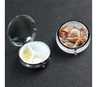 Mini Metal Pill Organizer - 3 Compartment Travel Pill Box Lightweight Pocket Pill Case Beach Starfish Shells Weekly Medication Casefor Vitamins and Medication