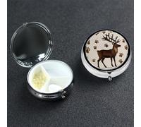 Mini Metal Pill Organizer - 3 Compartment Travel Pill Box Lightweight Pocket Pill Case Vintage Brown Reindeer Animal Footprints Weekly Medication Casefor Vitamins and Medication