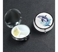 Mini Metal Pill Organizer - 3 Compartment Travel Pill Box Lightweight Pocket Pill Case Watercolor Dolphin in The Sea Weekly Medication Casefor Vitamins and Medication
