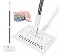Mini Mop - Hands-Free Disposable Dust Mop with 4 Reusable Microfibre Cloths, No-Touch Clamp Clip Cleaner with 100cm Long Handle (white)