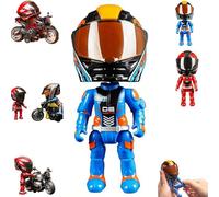 Mini MotoHelmet Heroes Transforming Ornaments with Hidden Racers Inside,Motorcycle Helmet Action Figure with Movable Joints,Folds Flat for Storage Inside the Helmet,Desk Buddy for Biker Collectors