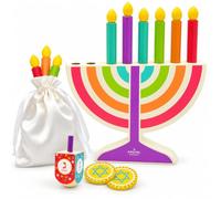 Mini Multicolor Hanukkah Menorah, 5" Inch Children Wooden Chanukah Menorah Set with Removable Wooden Candles, 3" Inch Dreidel, and Gelt Coins