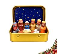 Mini Nativity in a Tin Box Scene Set Pocket Xmas Manger Keepsake Decor，B | 3D Printed Arrangeable Holy Family Wise Men Shepherd and Animals with Starry Lid Backdrop for friend Family