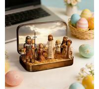 Mini Nativity Set in a Tin Box, Pocket Sized Nativity Scene with Handcrafted Resin Figurines, Christmas Easter Religious Decoration Gift for Home Office Tabletop Ornament (B)
