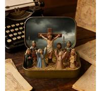Mini Nativity Set in a Tin Box, Pocket Sized Nativity Scene with Handcrafted Resin Figurines, Christmas Easter Religious Decoration Gift for Home Office Tabletop Ornament (A)