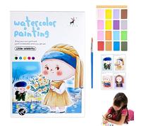 Mini Paint Pad, Watercolour Paint Pad, Mini Watercolour Paint Pad with 1 Paintbrush, 1Reference Image and 4 Pigment Card, Portable Pocket Watercolour Painting Book