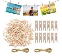 Mini Pegs, Mini Wooden Pegs,100 Pieces Wooden Pegs and 2 Rolls of Gold Wire Twine, Suitable for DIY Crafts, Home Decor, School Projects, Suitable for Children and Adults