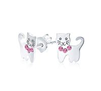 Mini Petite Pink Crystal Jeweled Collar Kitty Kitten Animal Pet Cat Stud Earrings For Teen Women .925 Sterling Silver